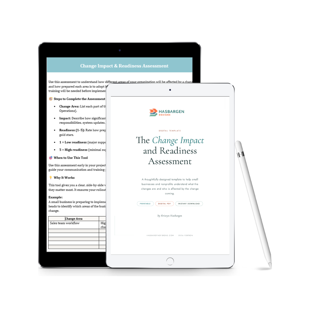 Two digital tablets displaying the Change Impact & Readiness Assessment template by Hasbargen Designs