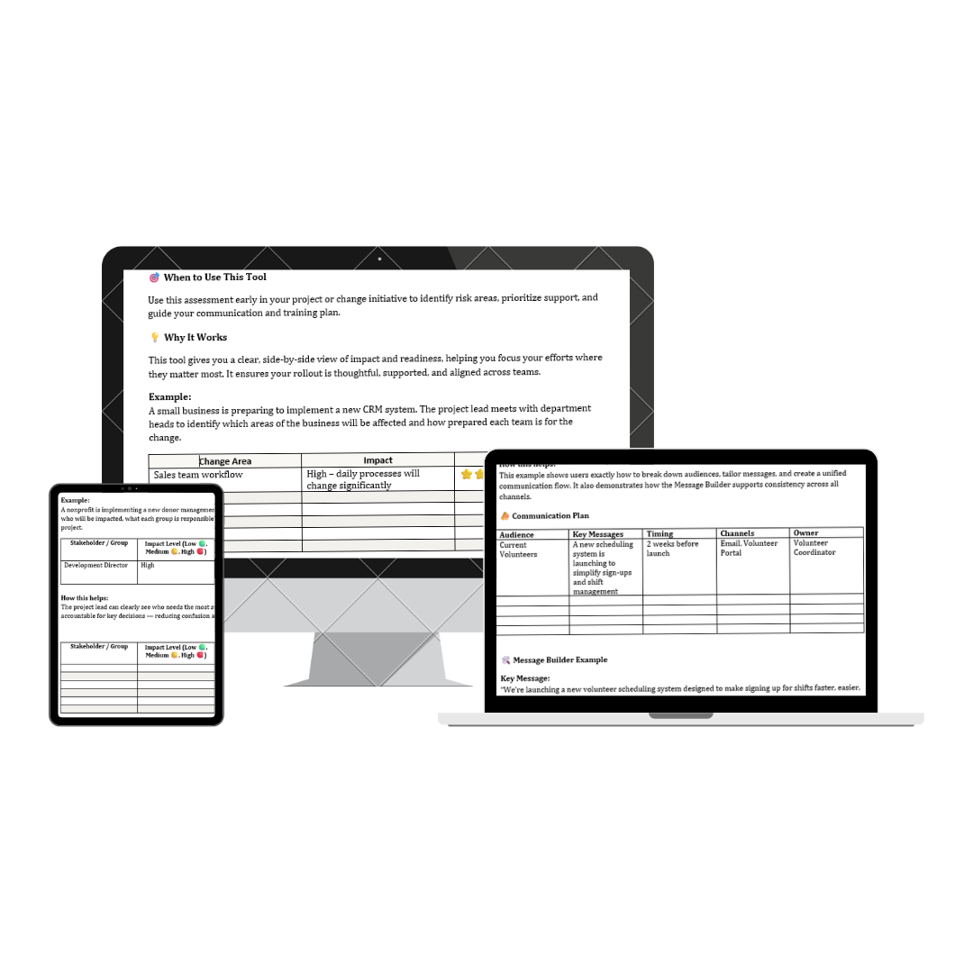 Tablet, desktop monitor, and laptop displaying change management assessment and communication planning templates by Hasbargen Designs