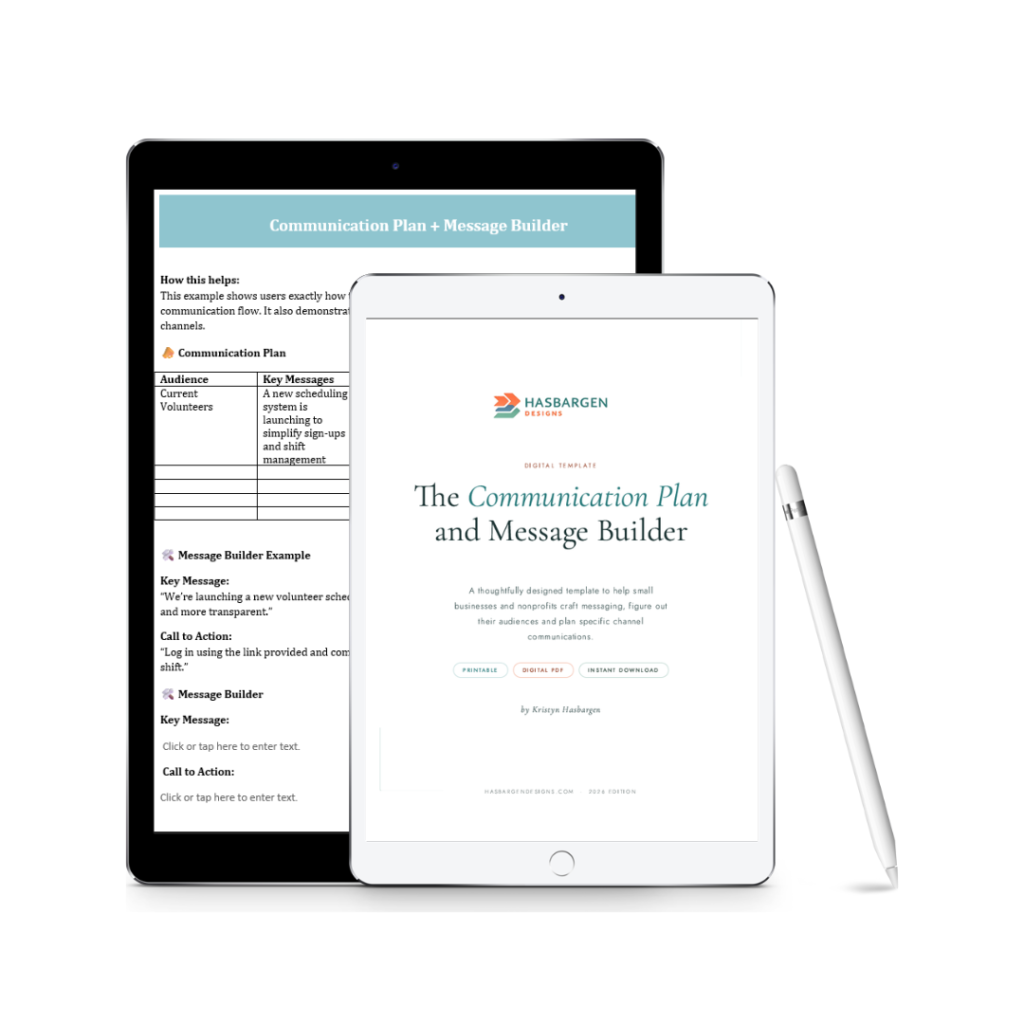 Two tablets displaying the Communication Plan and Message Builder template by Hasbargen Designs.