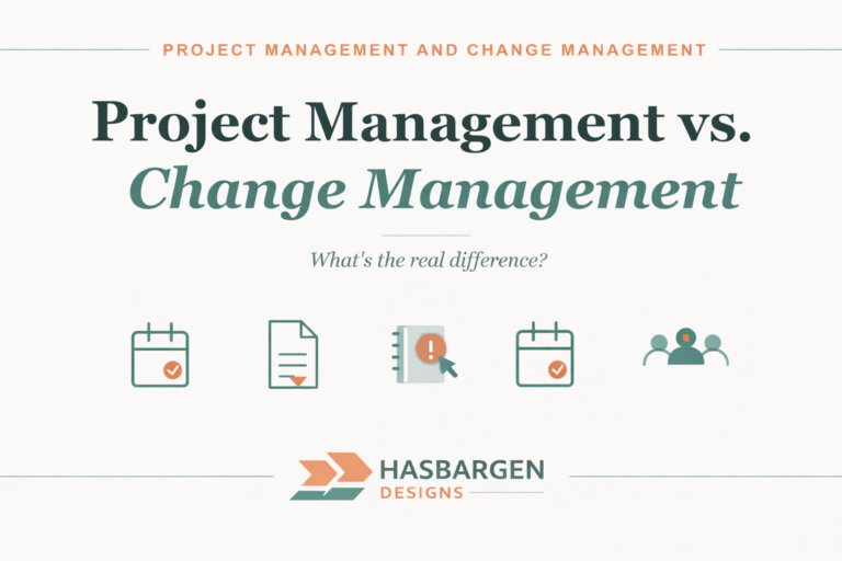 Header graphic comparing Project Management and Change Management with teal and orange icons.