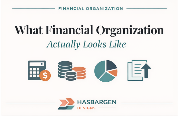 Featured image for the article “What Financial Organization Actually Looks Like,” showing a clean title layout with icons for budgeting, financial tracking, reporting, and documentation.